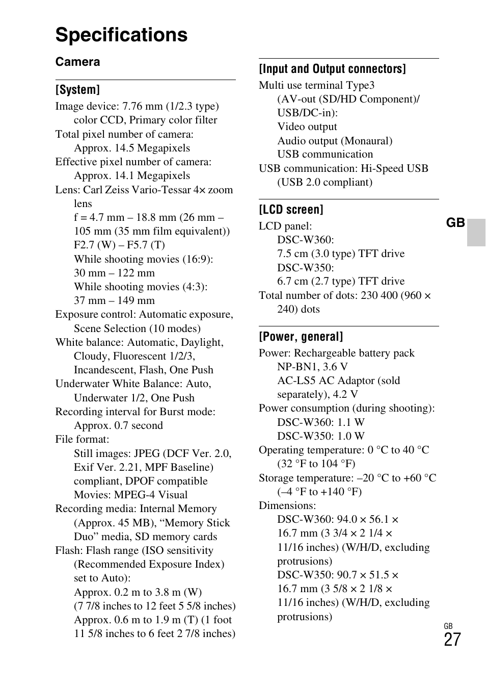 Specifications | Sony DSC-W350 User Manual | Page 27 / 56