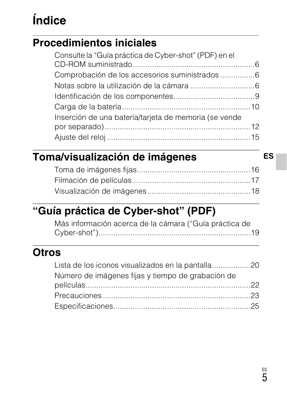Índice, Procedimientos iniciales, Toma/visualización de imágenes | Guía práctica de cyber-shot” (pdf), Otros | Sony DSC-W350 User Manual | Page 33 / 56