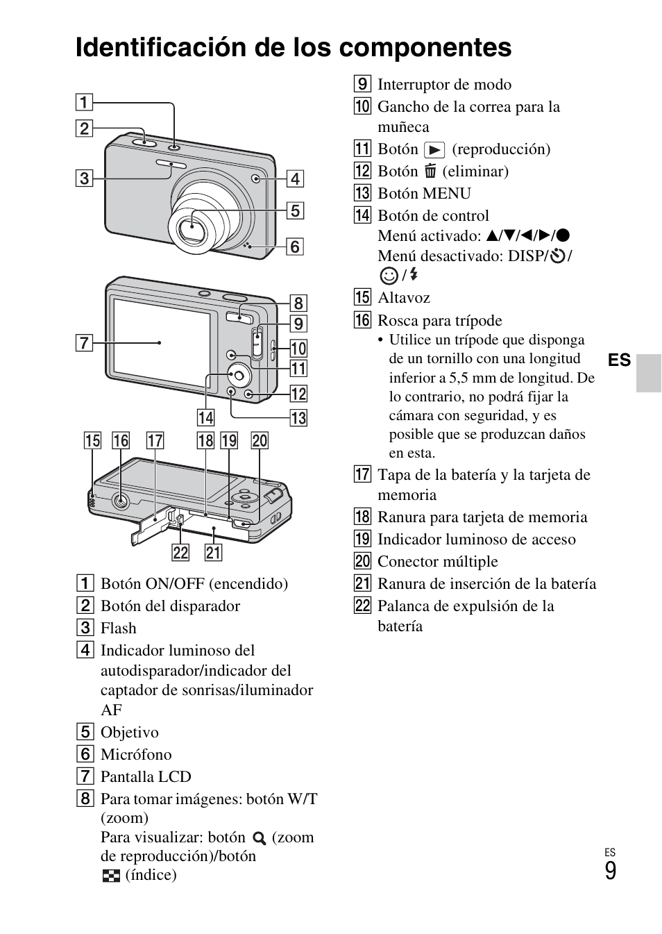 Identificación de los componentes | Sony DSC-W350 User Manual | Page 37 / 56