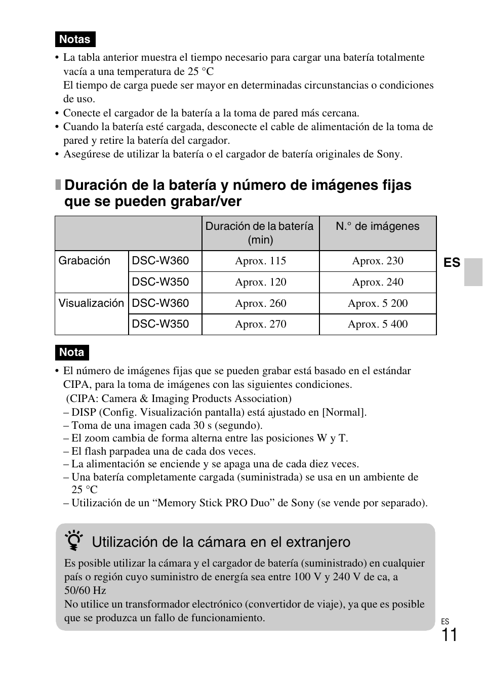 Utilización de la cámara en el extranjero | Sony DSC-W350 User Manual | Page 39 / 56