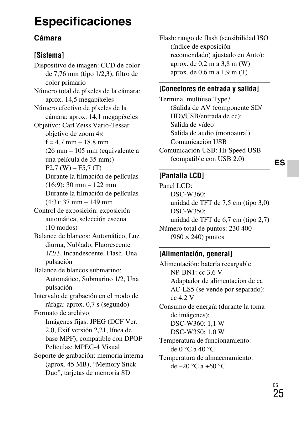 Especificaciones | Sony DSC-W350 User Manual | Page 53 / 56