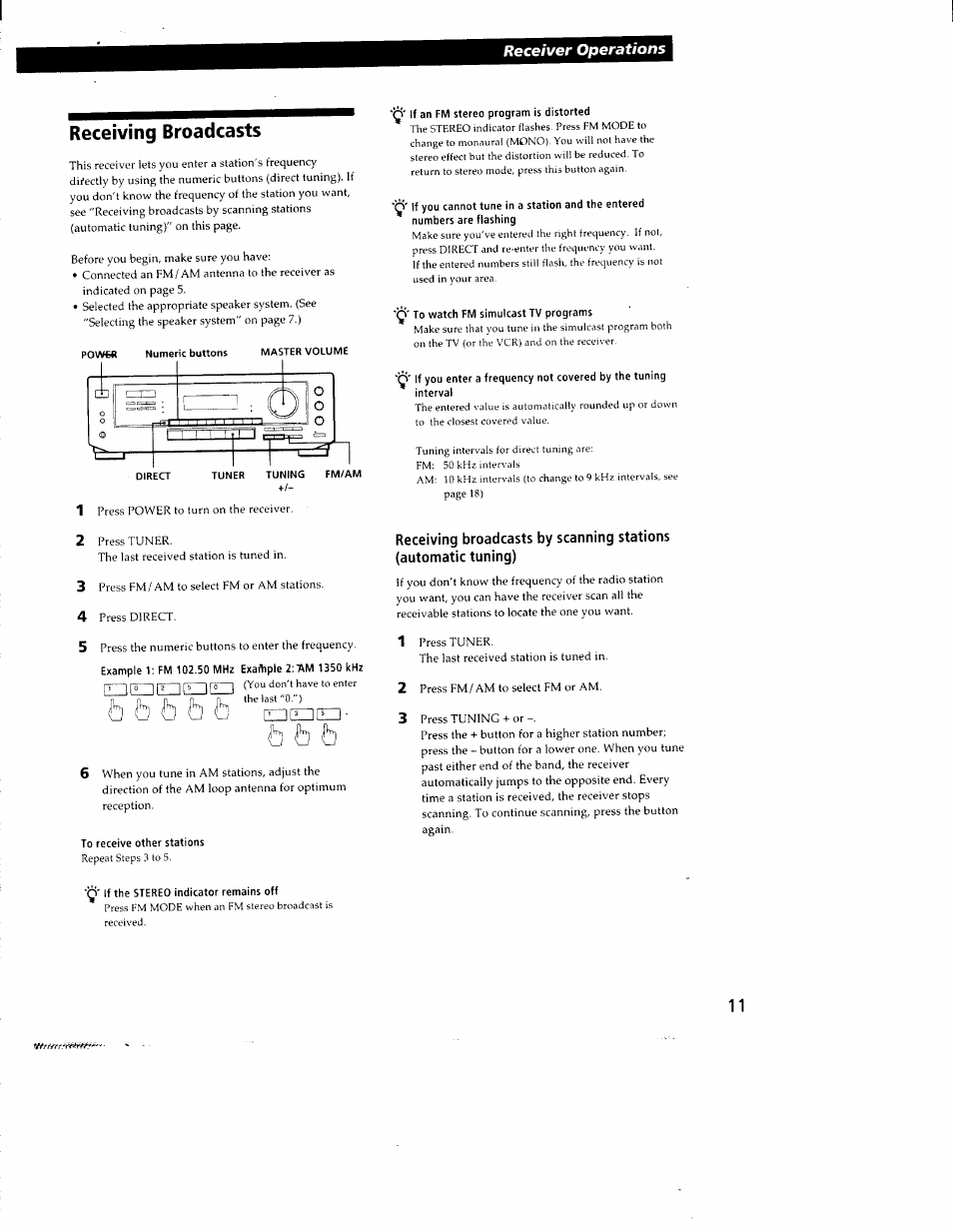 Receiving broadcasts, Example 1: fm 102.50 mh, To receive other stations | J' if an fm stereo program is distorted, Y' to watch fm simulcast tv programs, Q' if the stereo indicator remains off, Lb \b fo fo, Lb lb lb, Receiver operations | Sony STR-DE405 User Manual | Page 11 / 23
