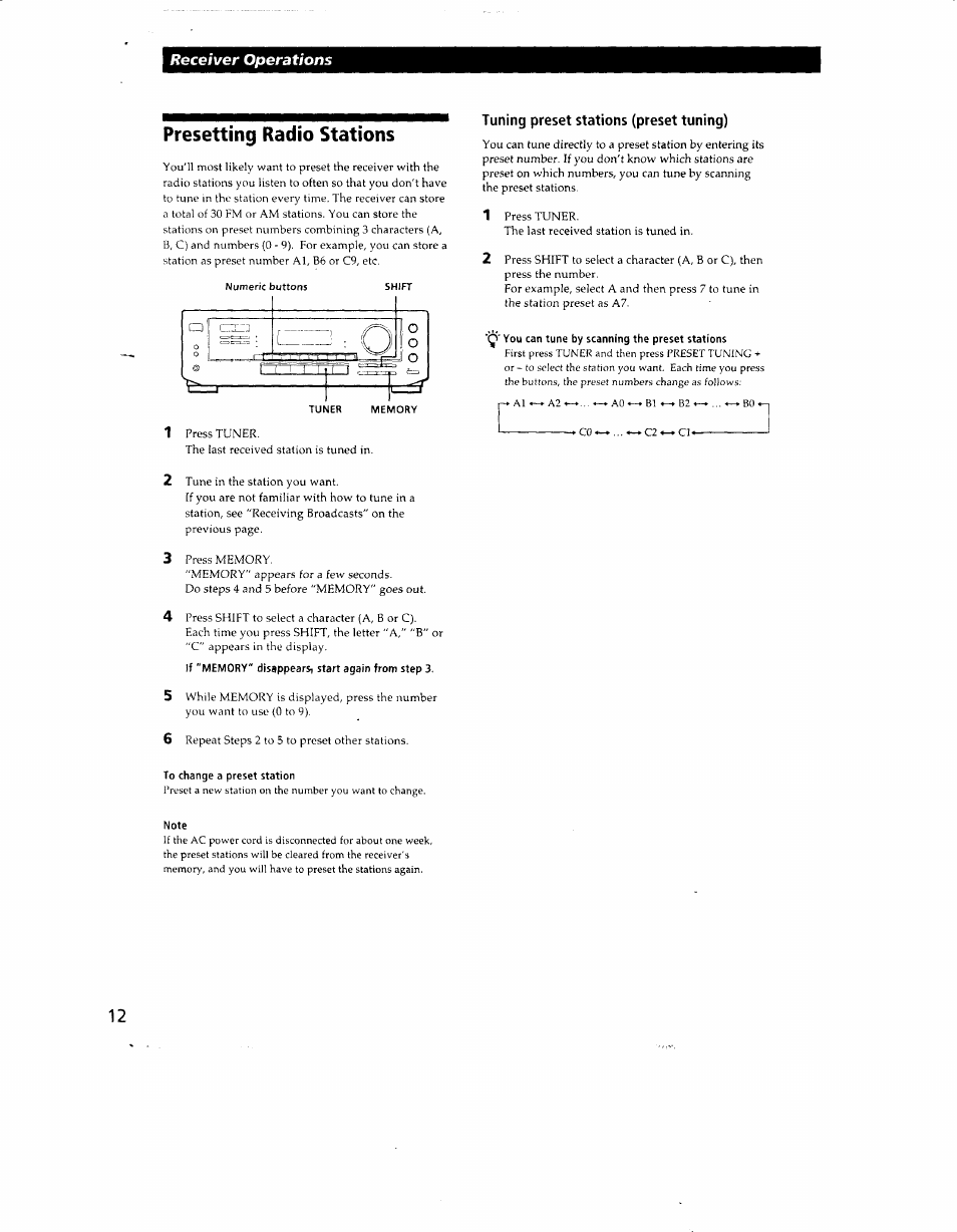 Presetting radio stations, To change a preset station, Note | Tuning preset stations (preset tuning), You can tune by scanning the preset stations, Receiver operations | Sony STR-DE405 User Manual | Page 12 / 23
