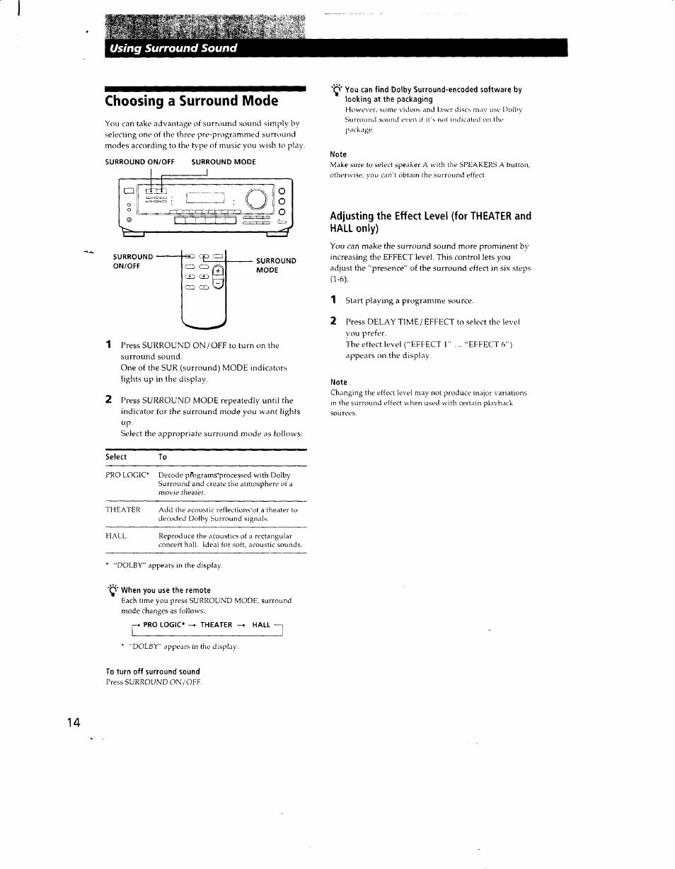 Choosing a surround mode, When you use the remote, Note | To turn off surround sound, Using surround sound | Sony STR-DE405 User Manual | Page 14 / 23