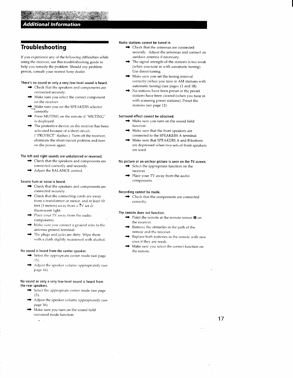 Troubleshooting, Severe hum or noise is heard, No sound is heard from the center speaker | Radio stations cannot be tuned in, Surround effect cannot be obtained, Recording cannot be made, The remote does not function, Additional information | Sony STR-DE405 User Manual | Page 17 / 23