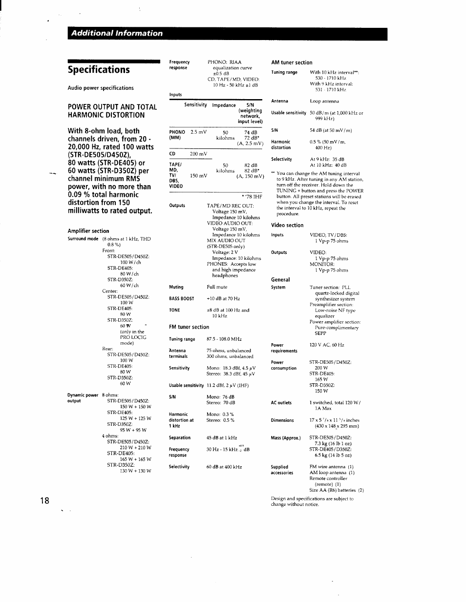 Specifications, Audio power specifications, Amplifier section | Fm tuner section, Am tuner section, Additional information, 100 w | Sony STR-DE405 User Manual | Page 18 / 23