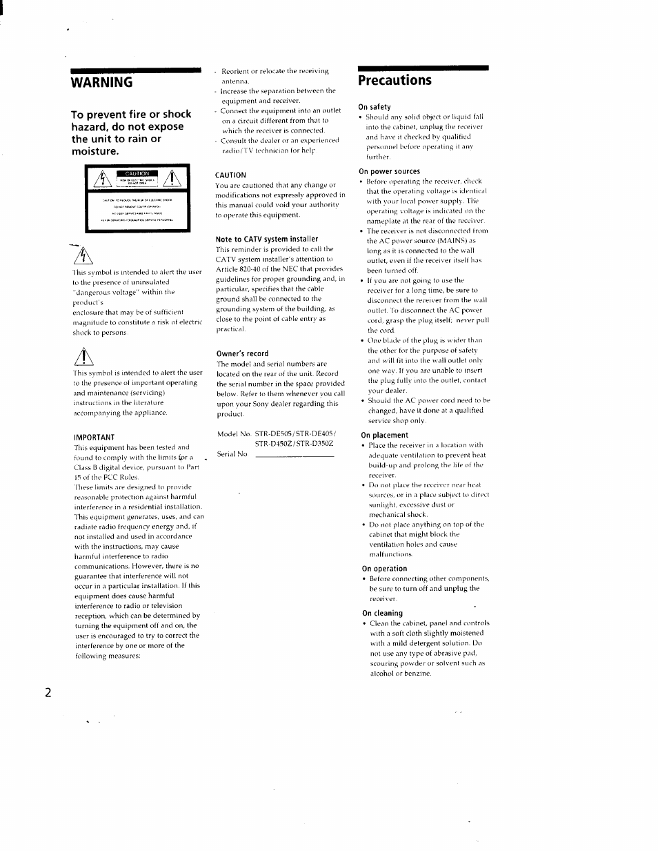 Warning, Important, Caution | Note to catv system installer, Owner's record, Precautions, On safety, On power sources, On placement, On operation | Sony STR-DE405 User Manual | Page 2 / 23