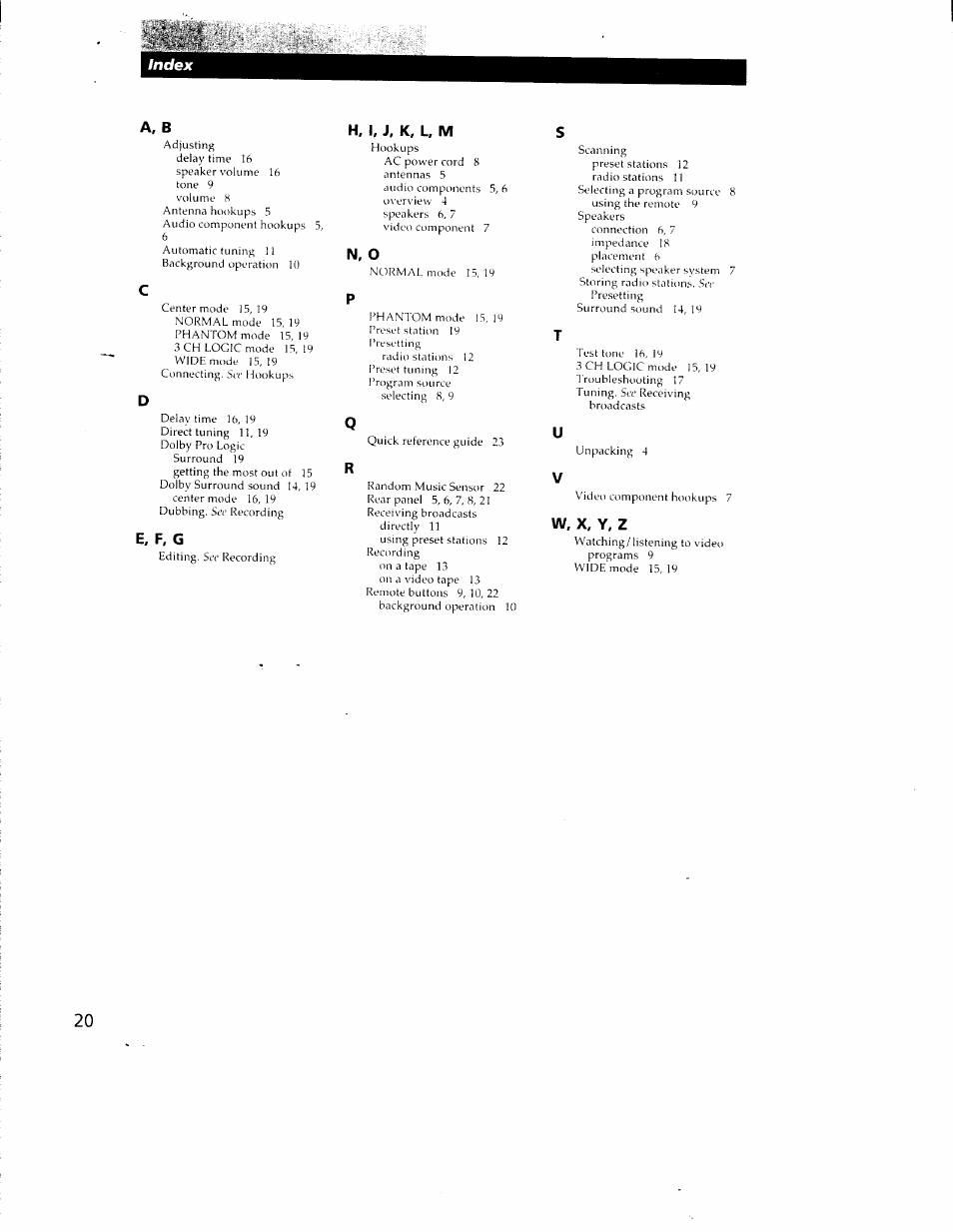 A. b, E, f. g, H. i, j, k, l, m | N, o, W. x, y, z, Index | Sony STR-DE405 User Manual | Page 20 / 23