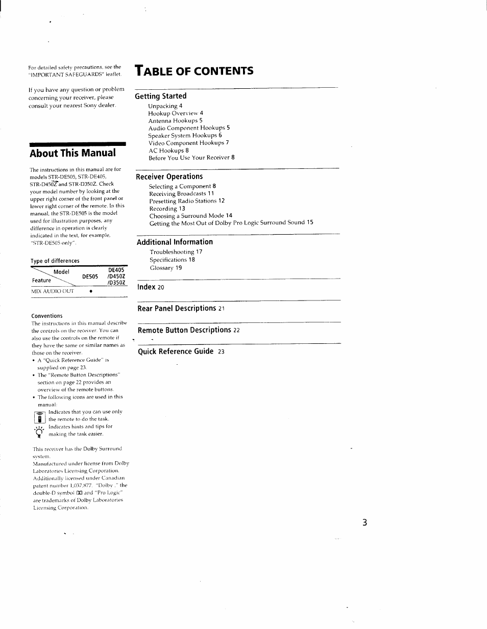 About this manual, Type of differences, Conventions | Getting started, Additional information, Index 20, Rear panel descriptions 21, Remote button descriptions 22, Quick reference guide 23, Able | Sony STR-DE405 User Manual | Page 3 / 23