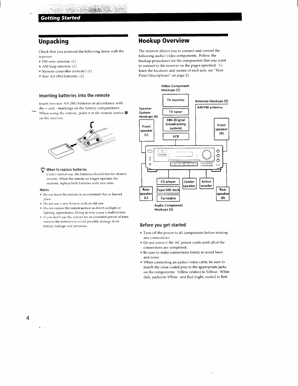 Unpacking, Hookup overview, Inserting batteries into the remote | Notes, Before you get started, Getting started | Sony STR-DE405 User Manual | Page 4 / 23