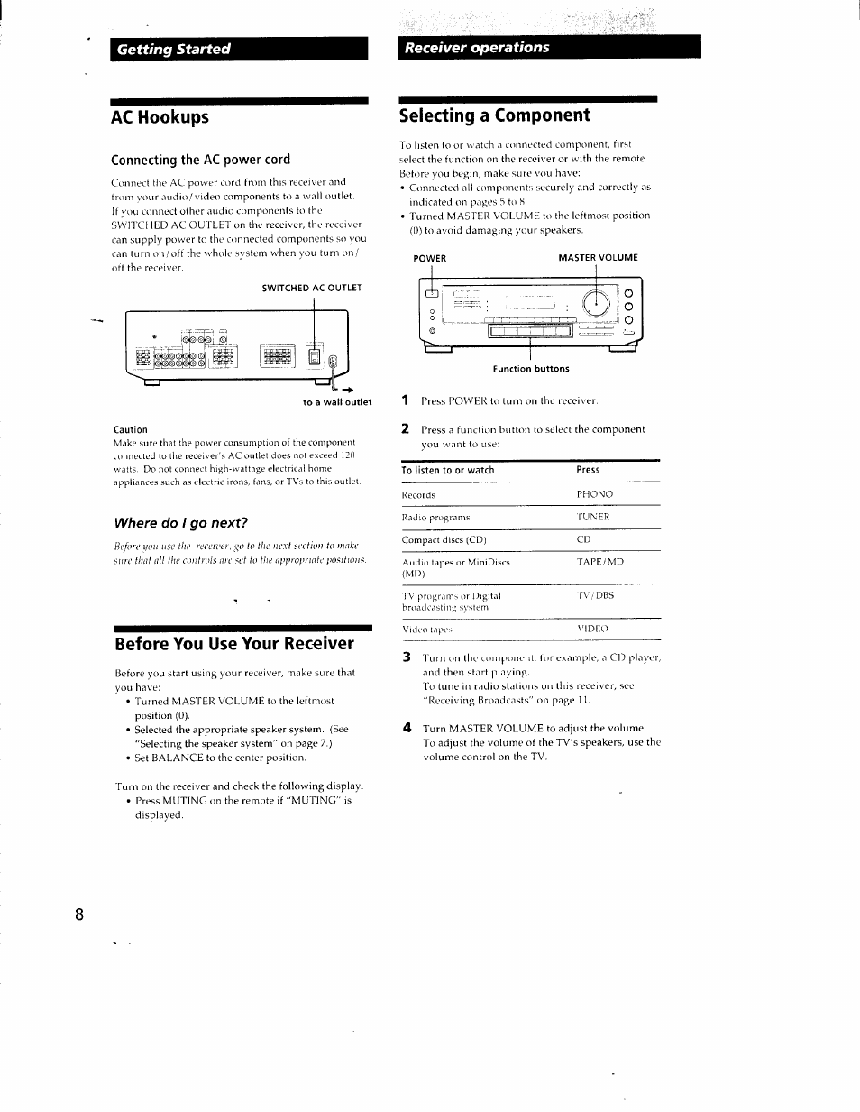 Ac hookups, Connecting the ac power cord, Before you use your receiver | Selecting a component, Getting started receiver operations, Where do i go next, Before \/oii use the receiver | Sony STR-DE405 User Manual | Page 8 / 23