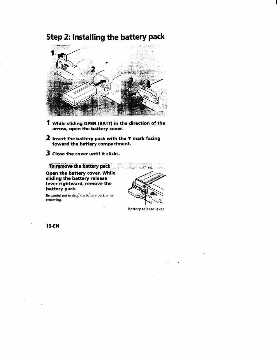 Tib remove the battery pack, Step 2: installing the battery pack | Sony MVC-FD51 User Manual | Page 10 / 133