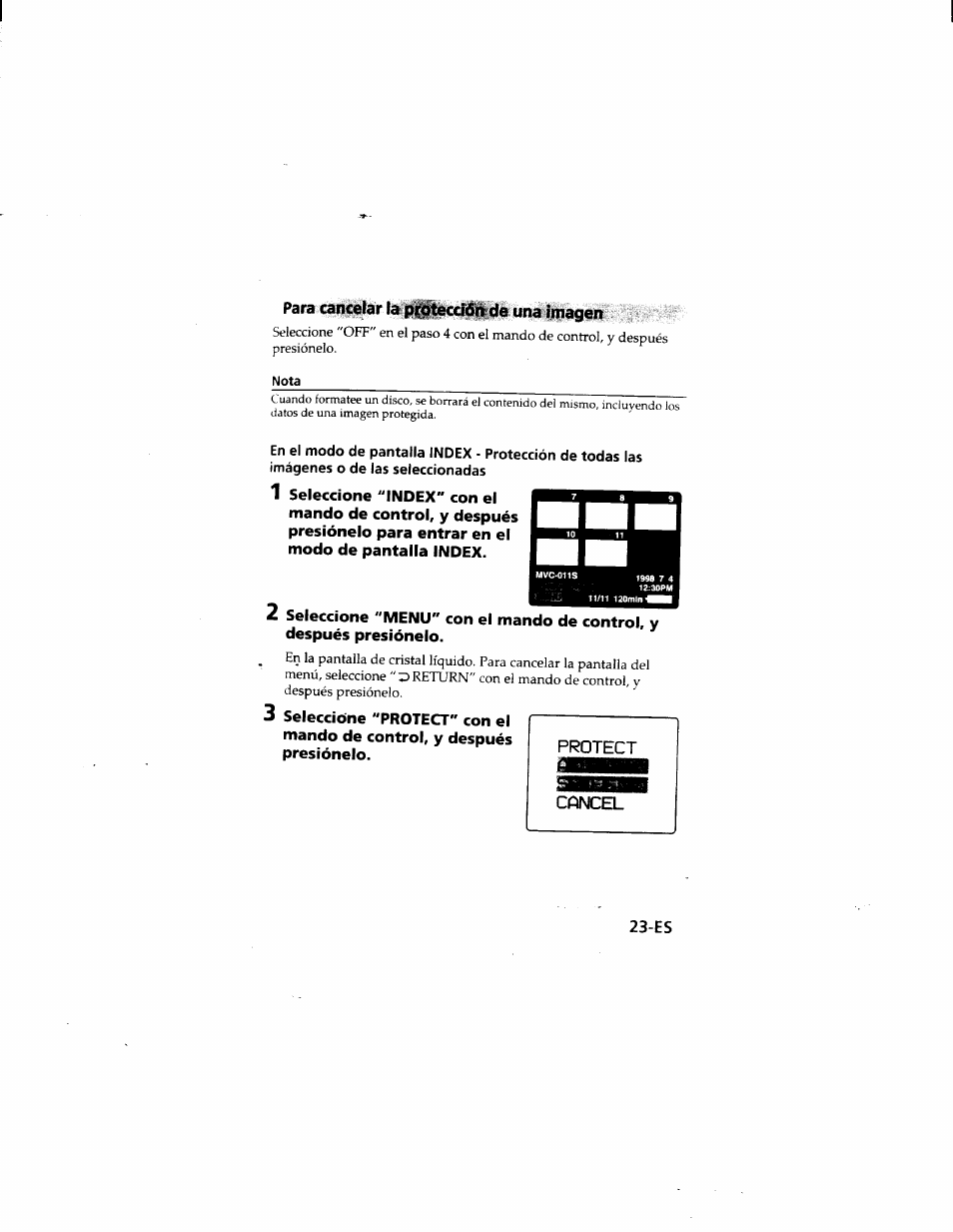 Para cancelar la p^tecddkí^de una imagen, 1 seleccione "index" con el | Sony MVC-FD51 User Manual | Page 112 / 133