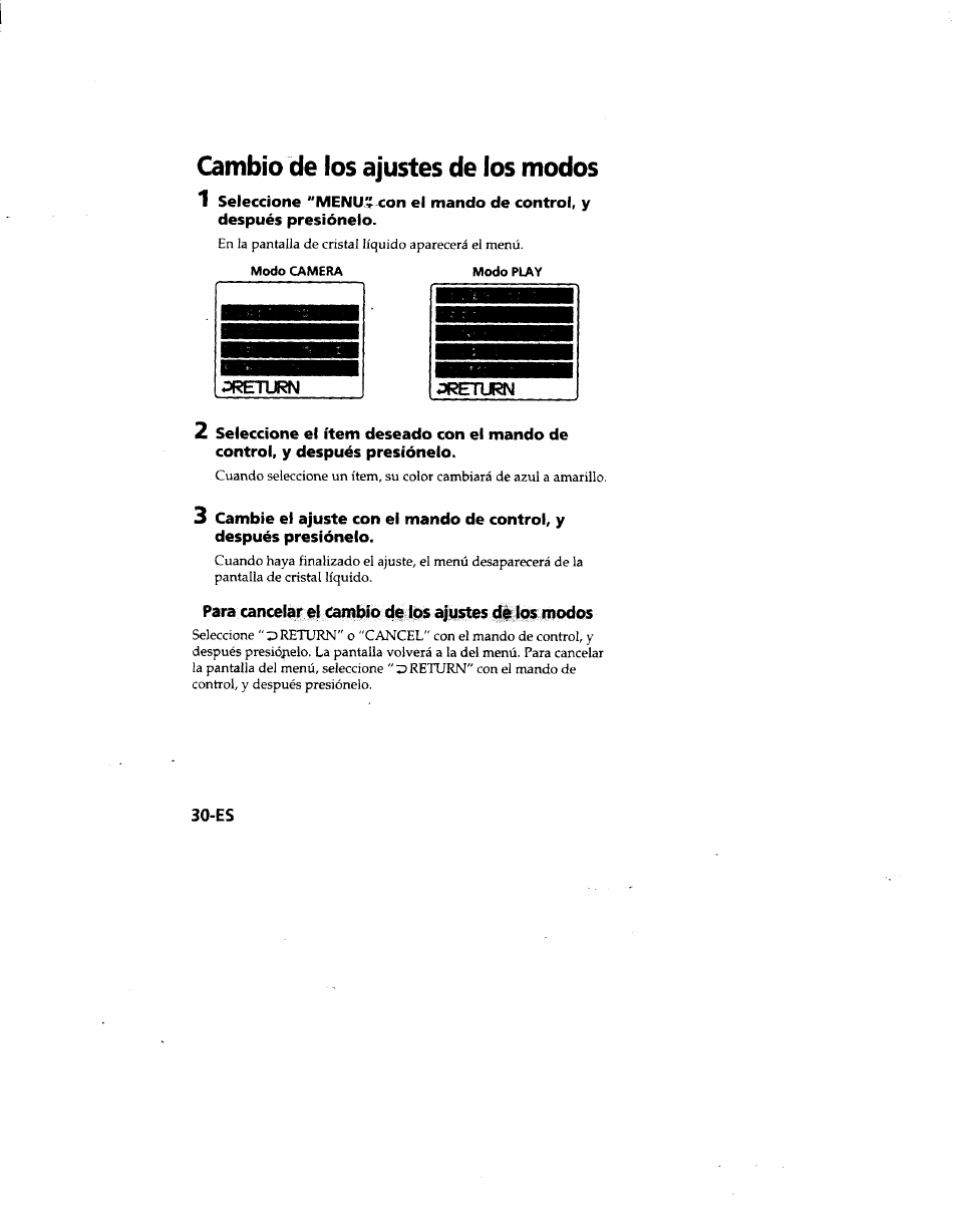 Cambio de los ajustes de los modos, Return, Cambio de los ajustes de los modos 1 | Sony MVC-FD51 User Manual | Page 119 / 133