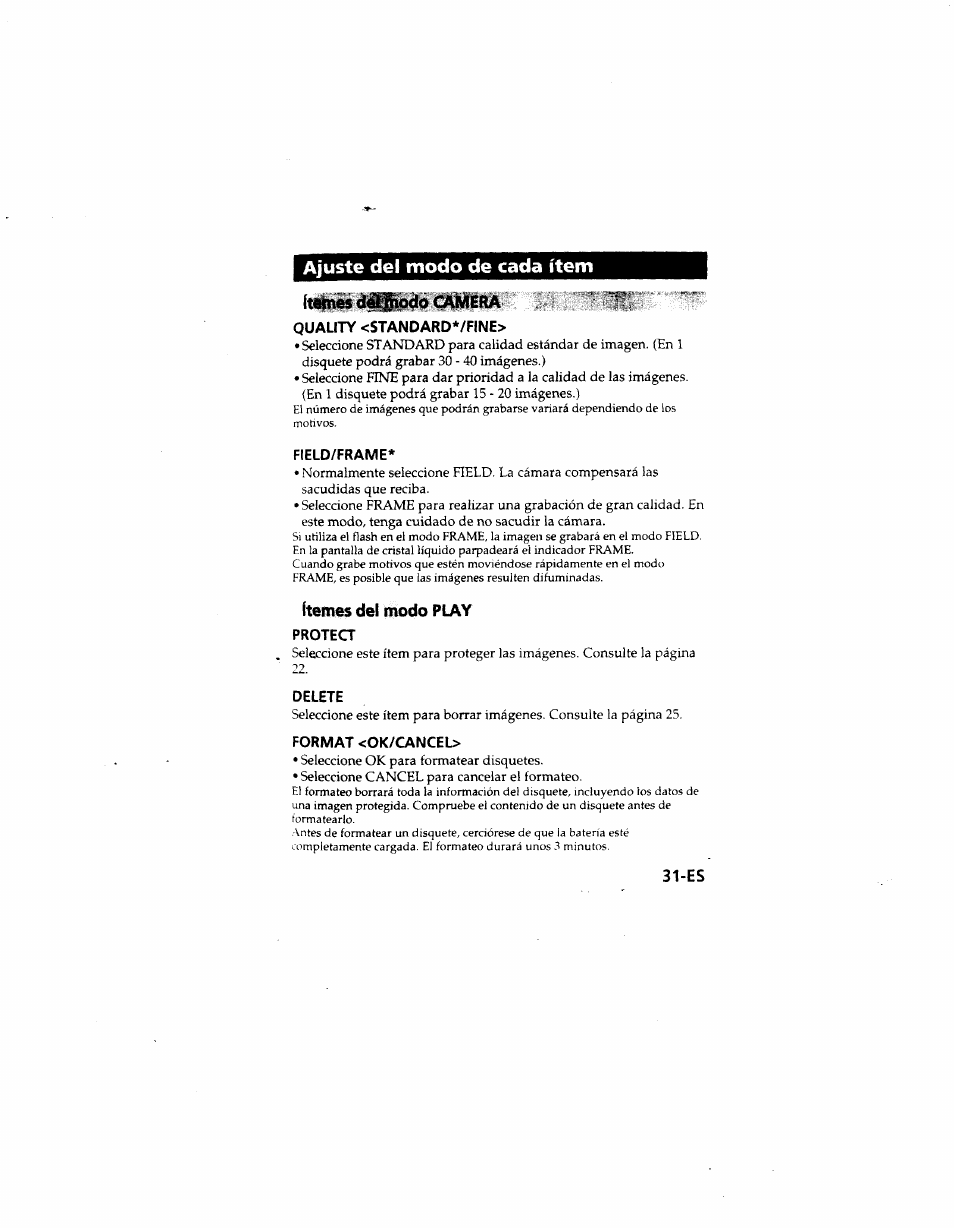 Ajuste del modo de cada ítem, Ítdtnes del^bdo camera, Quality <standard*/fine | Field/frame, Ítemfó del modo play, Protect, Delete, Format <ok/cancel | Sony MVC-FD51 User Manual | Page 120 / 133