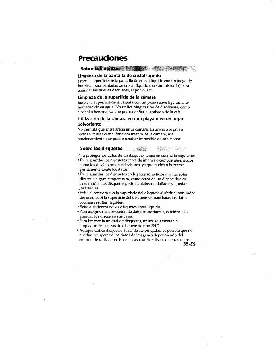 Precauciones, Limpieza de ia pantalla de cristal líquido, Limpieza de la superficie de la cámara | Sobre los disquetes, Sobre ll^telf»н!^н^‘‘ t. : ' 'i | Sony MVC-FD51 User Manual | Page 124 / 133