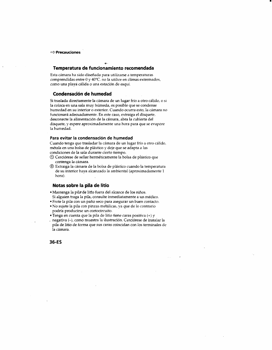 Temperatura de funcionamiento recomendada, Condensación de humediad, Notas sobre la pila de litio | Sony MVC-FD51 User Manual | Page 125 / 133