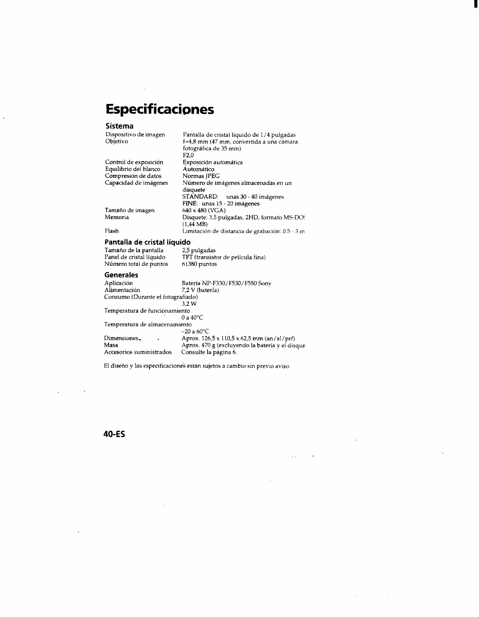 Especificaciones | Sony MVC-FD51 User Manual | Page 129 / 133