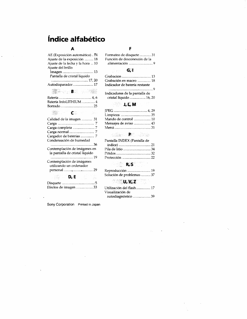 Índice alfabético, D, e, J.l,m | Ü.v.z | Sony MVC-FD51 User Manual | Page 133 / 133