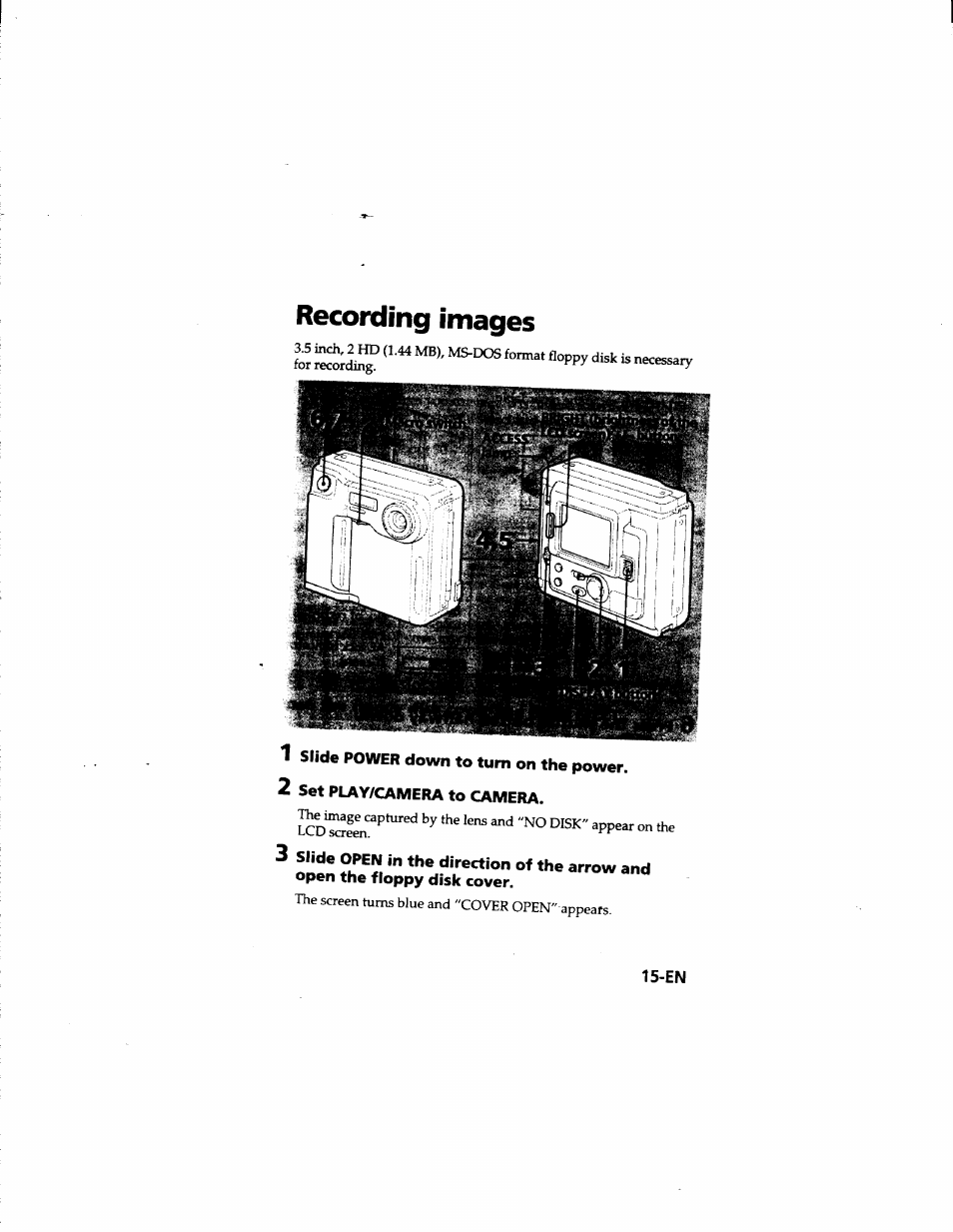 Recording images, 1 slide power down to turn on the power, 2 set play/camera to camera | Sony MVC-FD51 User Manual | Page 15 / 133