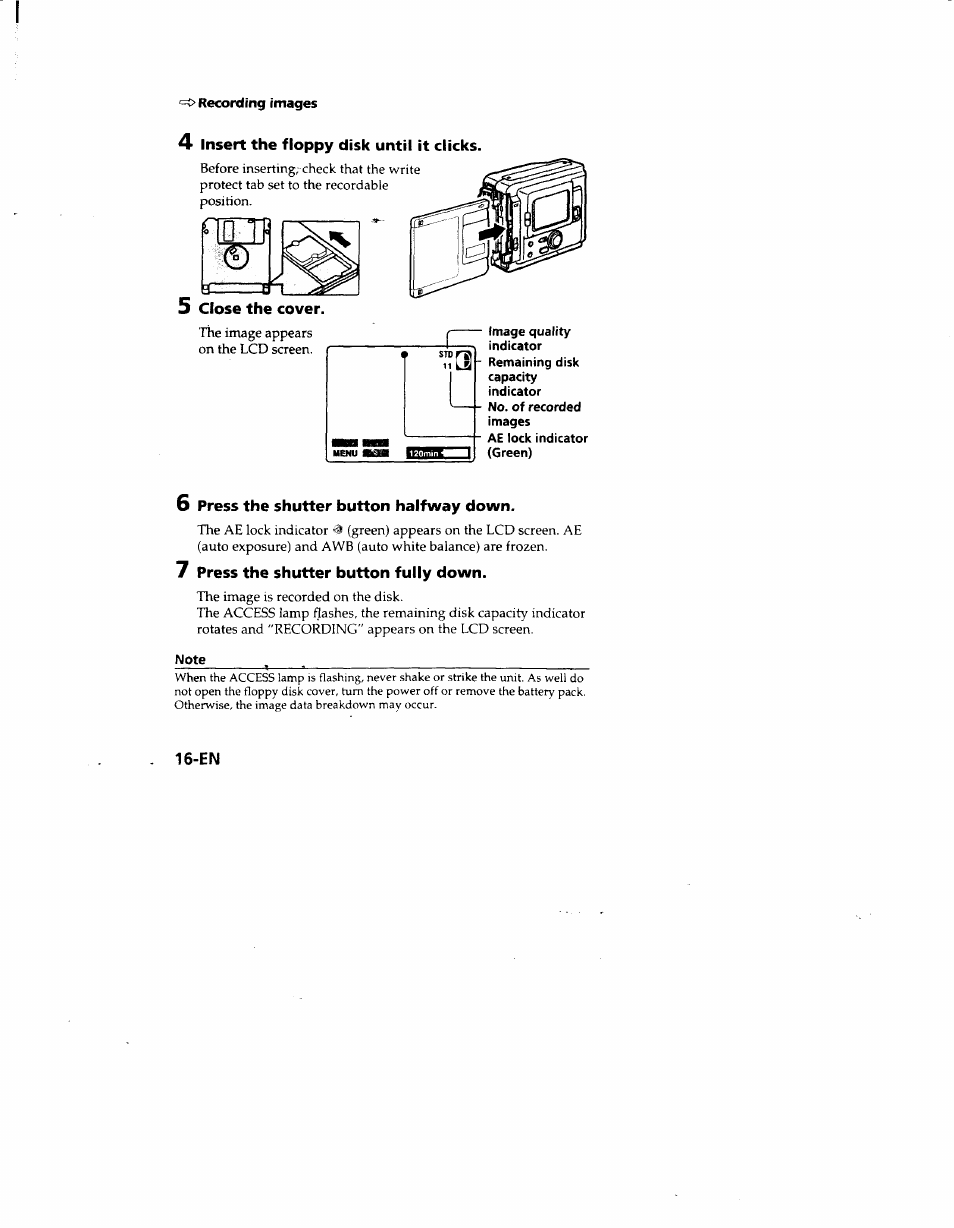 4 insert the floppy disk until it clicks, 5 close the cover, 6 press the shutter button halfway down | 7 press the shutter button fully down | Sony MVC-FD51 User Manual | Page 16 / 133