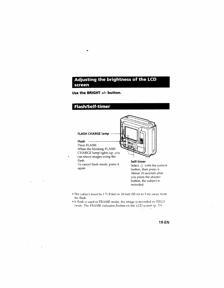 Adjusting the brightness of the lcd, Screen, Use the bright +/- button | Flash/seif-timer, Adjusting the brightness of the lcd screen | Sony MVC-FD51 User Manual | Page 19 / 133