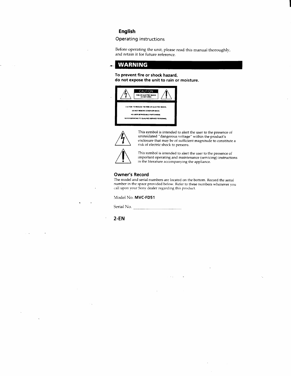 English, Owner's record, Warning | Sony MVC-FD51 User Manual | Page 2 / 133