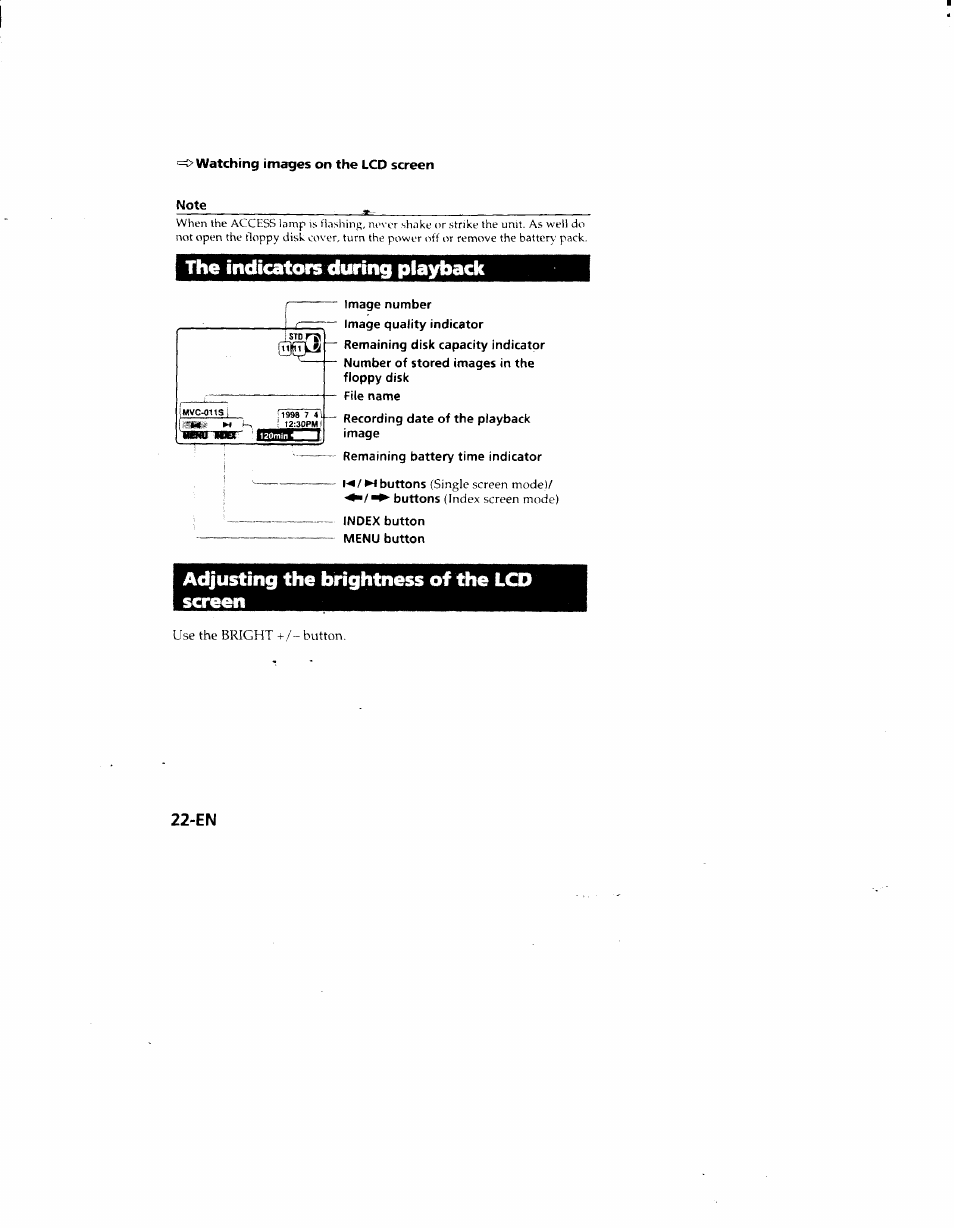 The indicators during playback, Adjusting the brightness of the lcd screen | Sony MVC-FD51 User Manual | Page 22 / 133