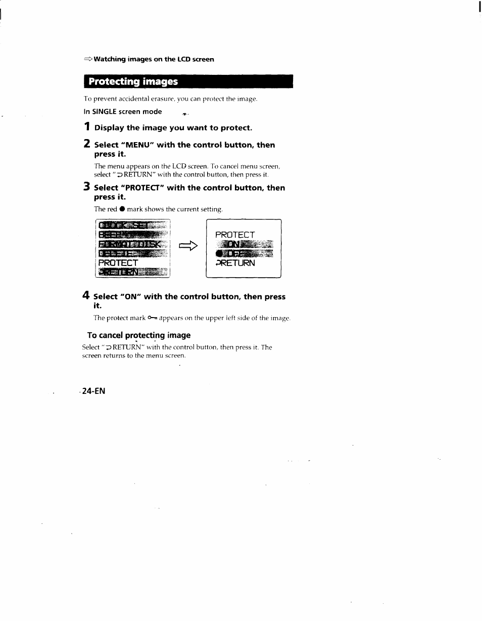 Protecting images, 1 display the image you want to protect, To cancel protecting image | Sony MVC-FD51 User Manual | Page 24 / 133