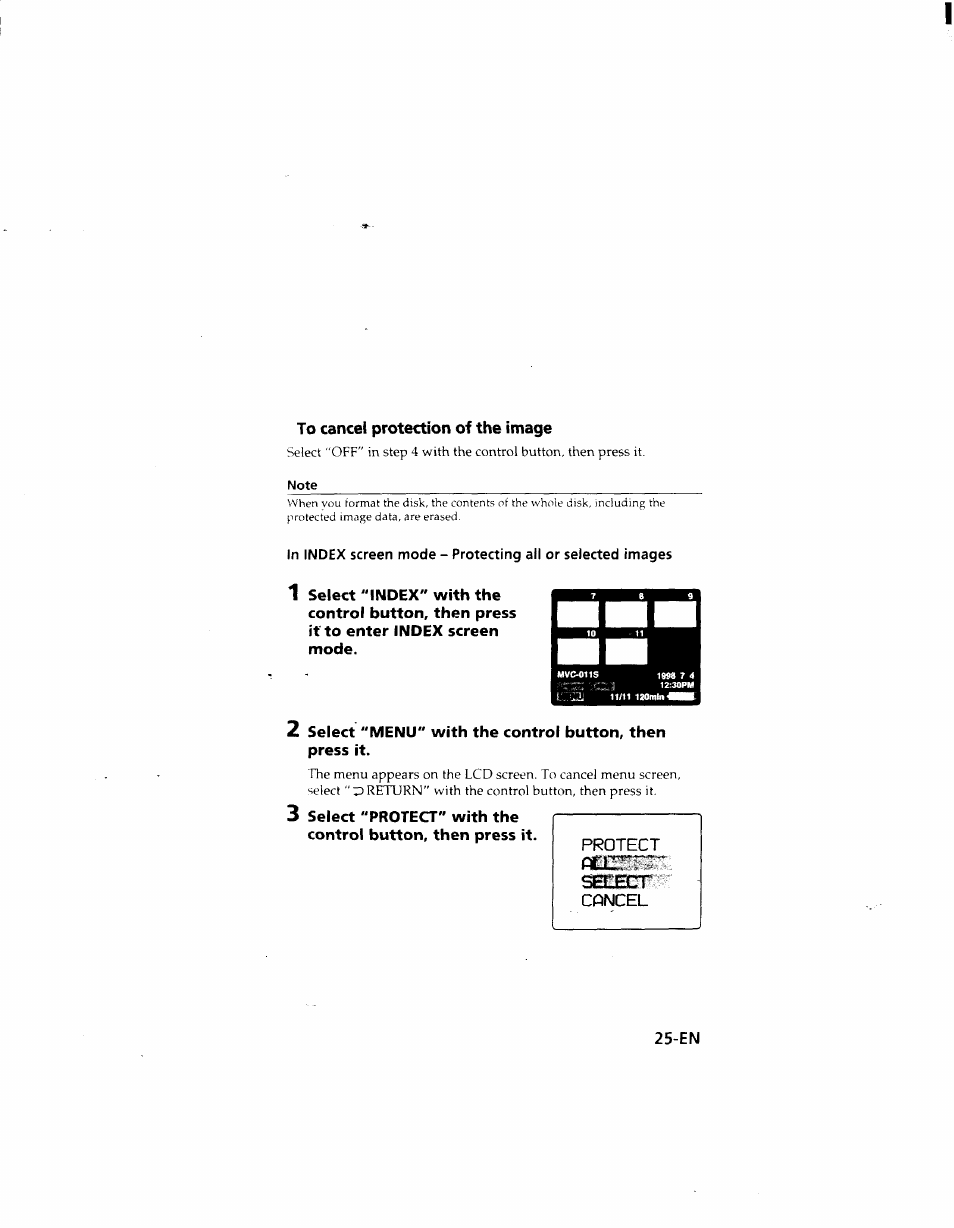 To cancel protection of the image | Sony MVC-FD51 User Manual | Page 25 / 133