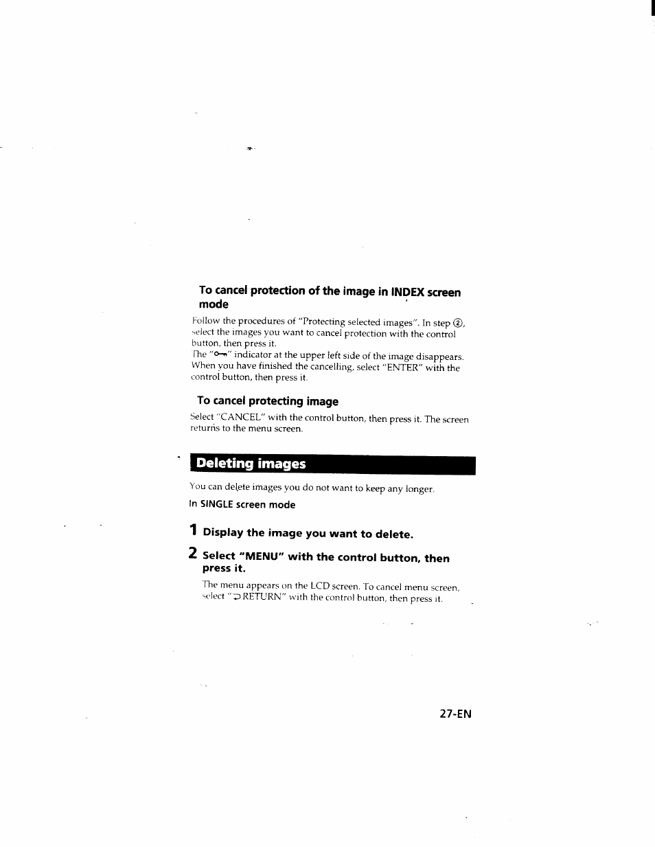 To cancel protecting image, Deleting images, 1 display the image you want to delete | Sony MVC-FD51 User Manual | Page 27 / 133