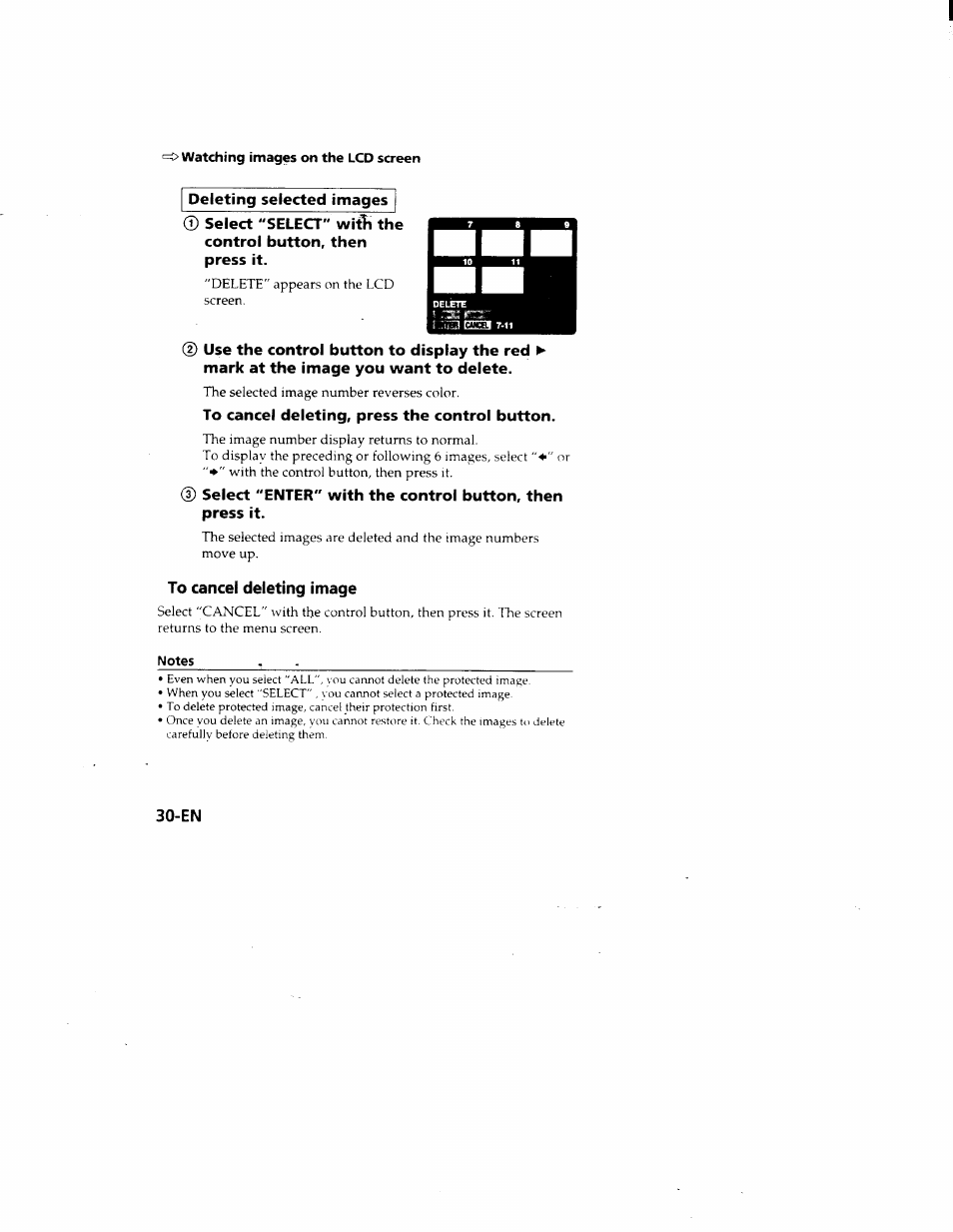 Deleting selected images, To cancel deleting, press the control button, To cancel deleting image | Sony MVC-FD51 User Manual | Page 30 / 133