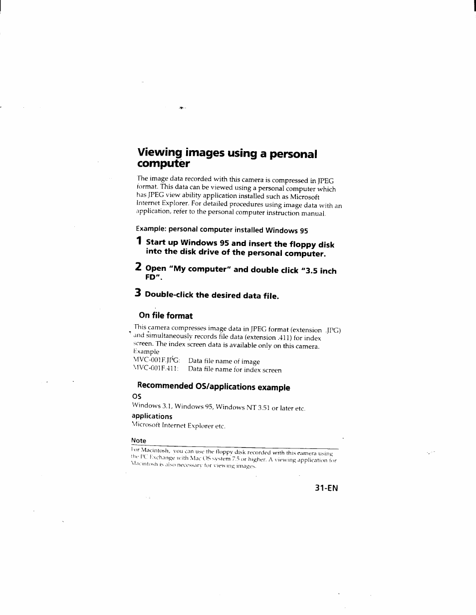 2 open "my computer" and double click "3.5 inch fd, 3 double-click the desired data file, On file format | Recommended os/appiications example, Viewing images using a personal computer | Sony MVC-FD51 User Manual | Page 31 / 133