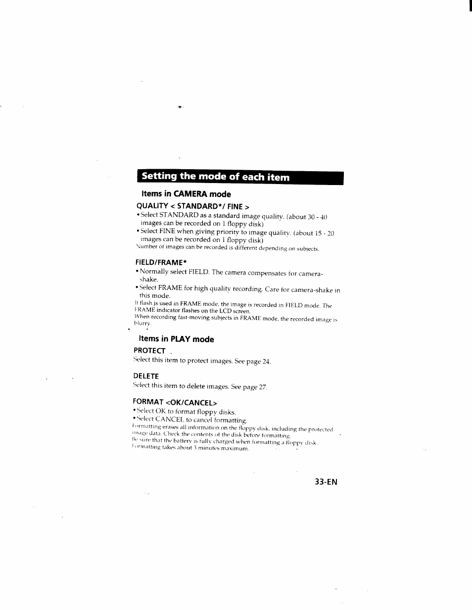 Setting the mode of each item, Items in camera mode, Items in play mode | Sony MVC-FD51 User Manual | Page 33 / 133