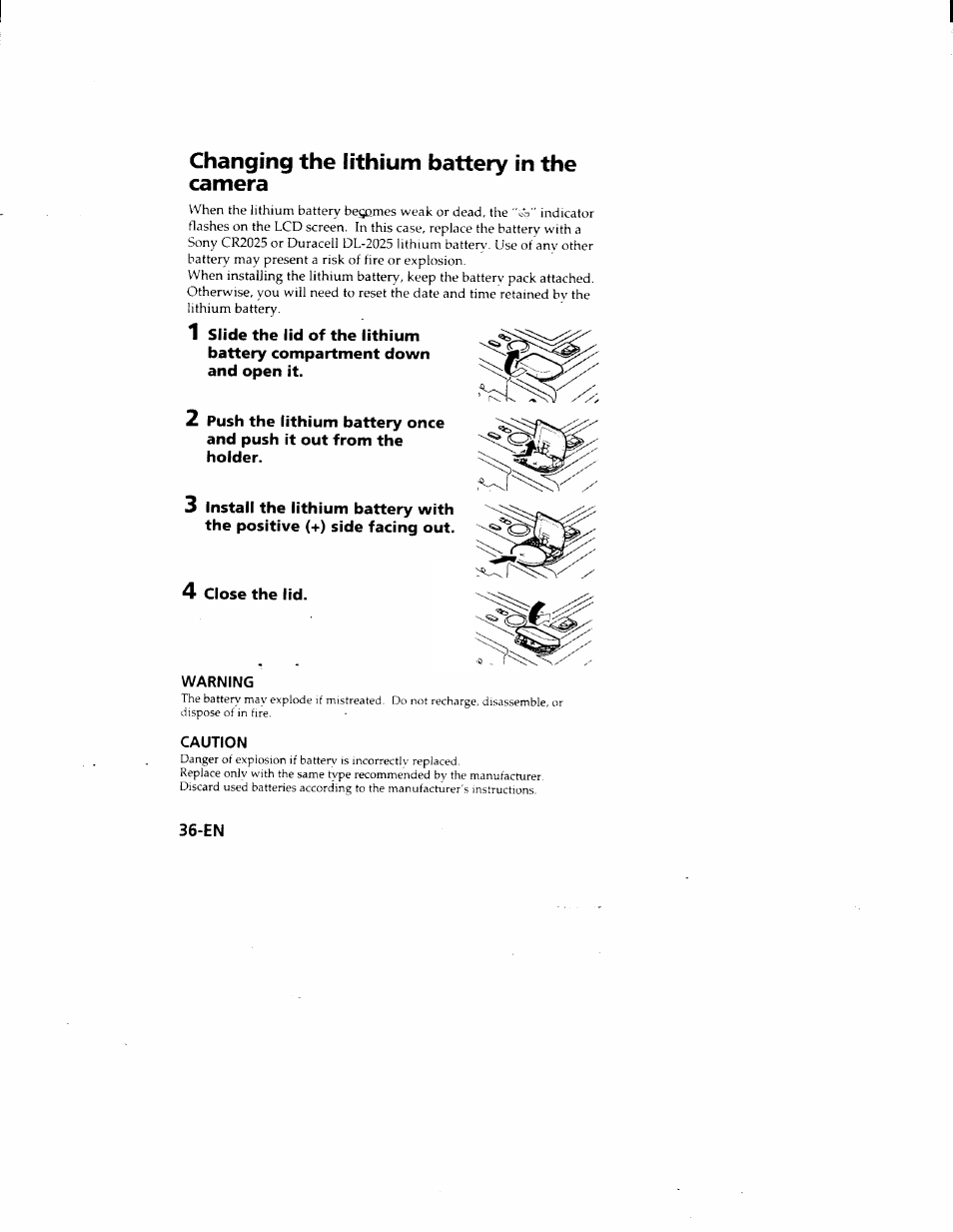 Warning, Caution, Changing the lithium battery in the camera | Sony MVC-FD51 User Manual | Page 36 / 133