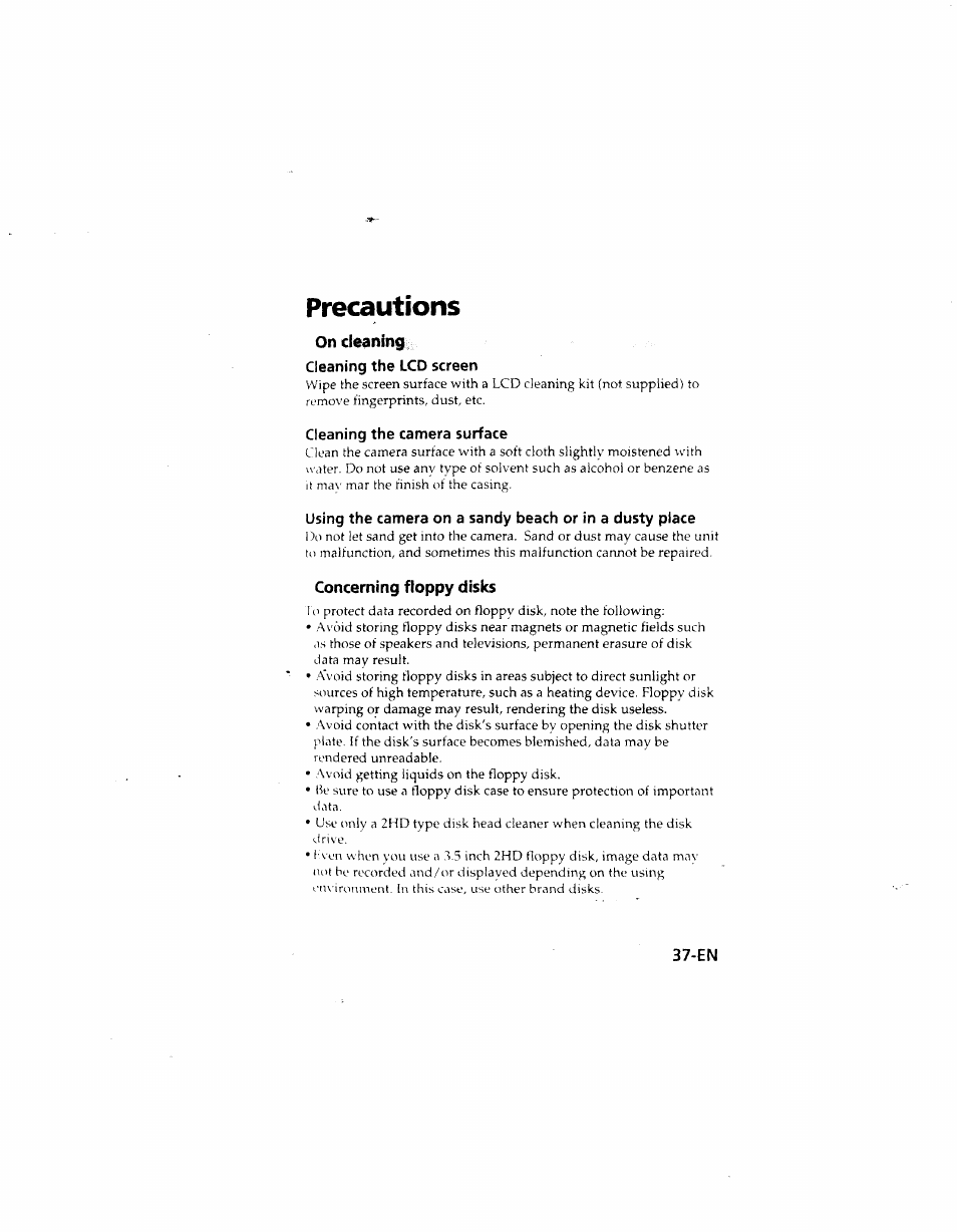 Precautions, On cleaning | Sony MVC-FD51 User Manual | Page 37 / 133