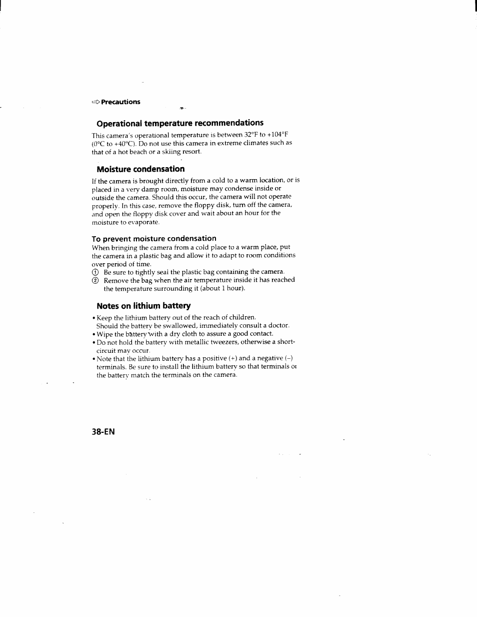 Operational temperature recommendations, Moisture condensation, To prevent moisture condensation | Notes on lithium battery | Sony MVC-FD51 User Manual | Page 38 / 133