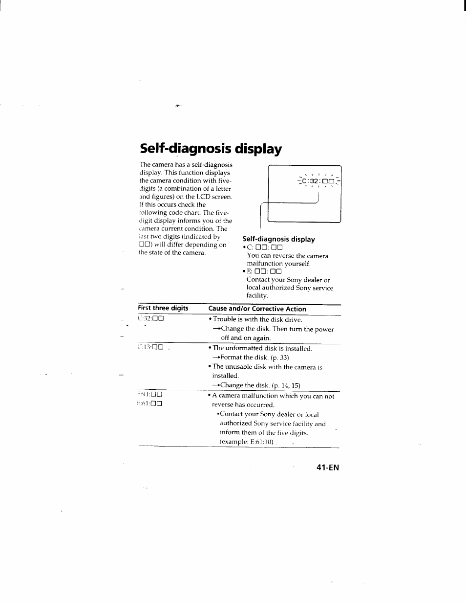 Self-diagnosis display | Sony MVC-FD51 User Manual | Page 41 / 133