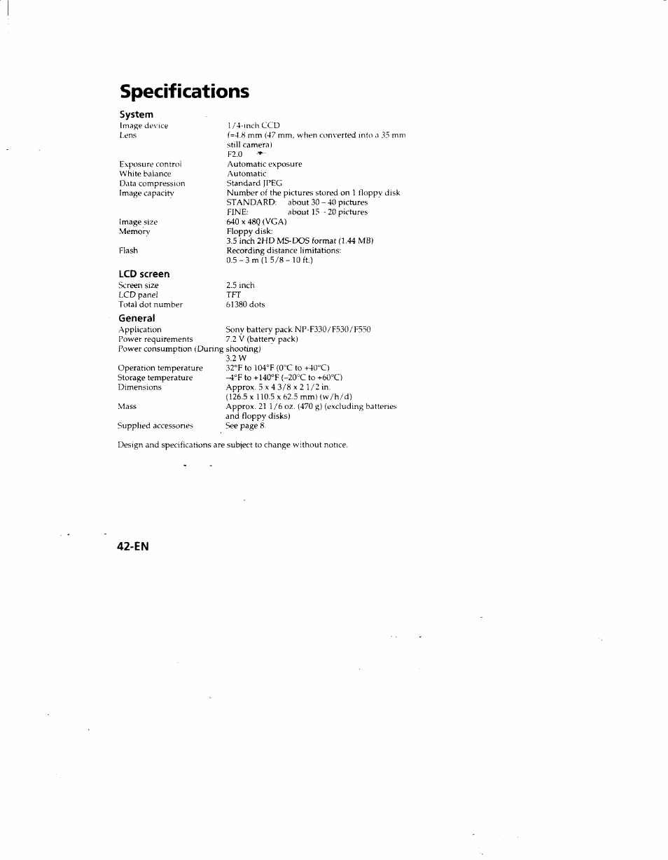 Specifications | Sony MVC-FD51 User Manual | Page 42 / 133