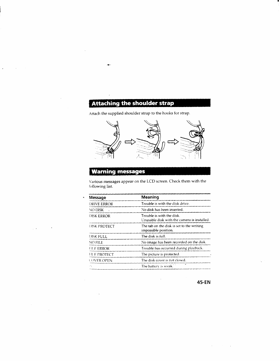 Attaching the shoulder strap, 1 warning messages | Sony MVC-FD51 User Manual | Page 45 / 133