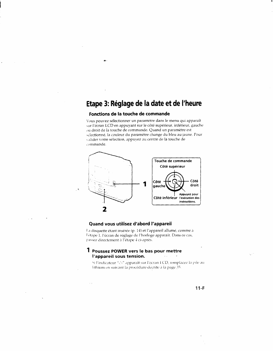 Etape 3: réglage de la date et de theure, Fonctions de la touche de commande, Quand vous utilisez d'abord l'appareil | Sony MVC-FD51 User Manual | Page 48 / 133