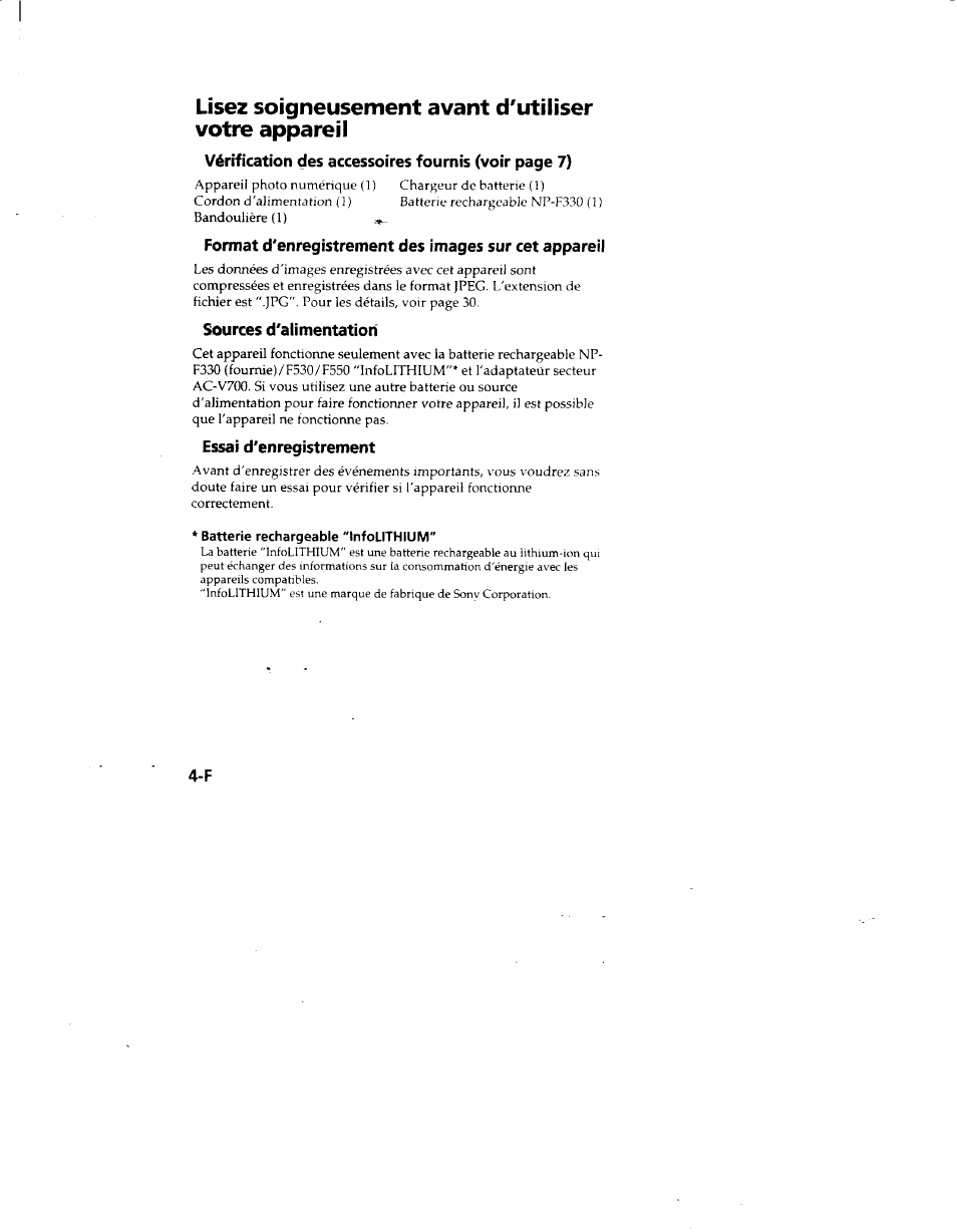 Sources d'alimentation, Essai d'enregistrement | Sony MVC-FD51 User Manual | Page 49 / 133