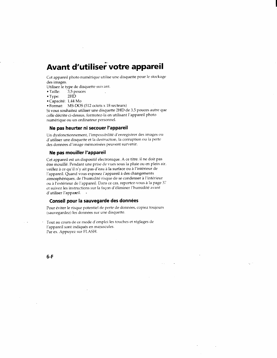 Avant d'utiliser votre appareil, Ne pas heurter ni secouer l'appareil, Ne pas mouiller l'appareil | Conseil pour la sauvegarde des données | Sony MVC-FD51 User Manual | Page 51 / 133