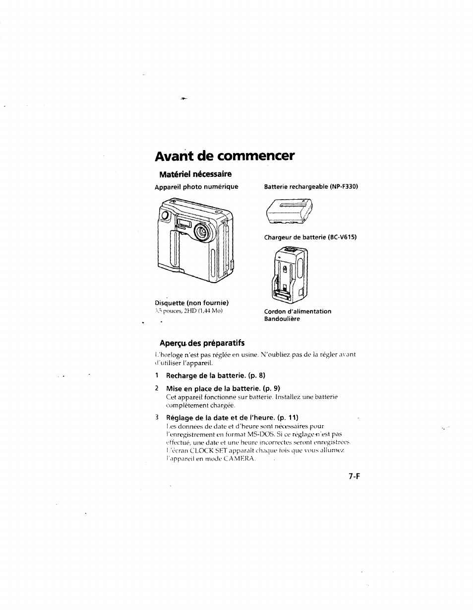 Avant de commencer, Matériel nécessaire, Aperçu des préparatifs | Sony MVC-FD51 User Manual | Page 52 / 133