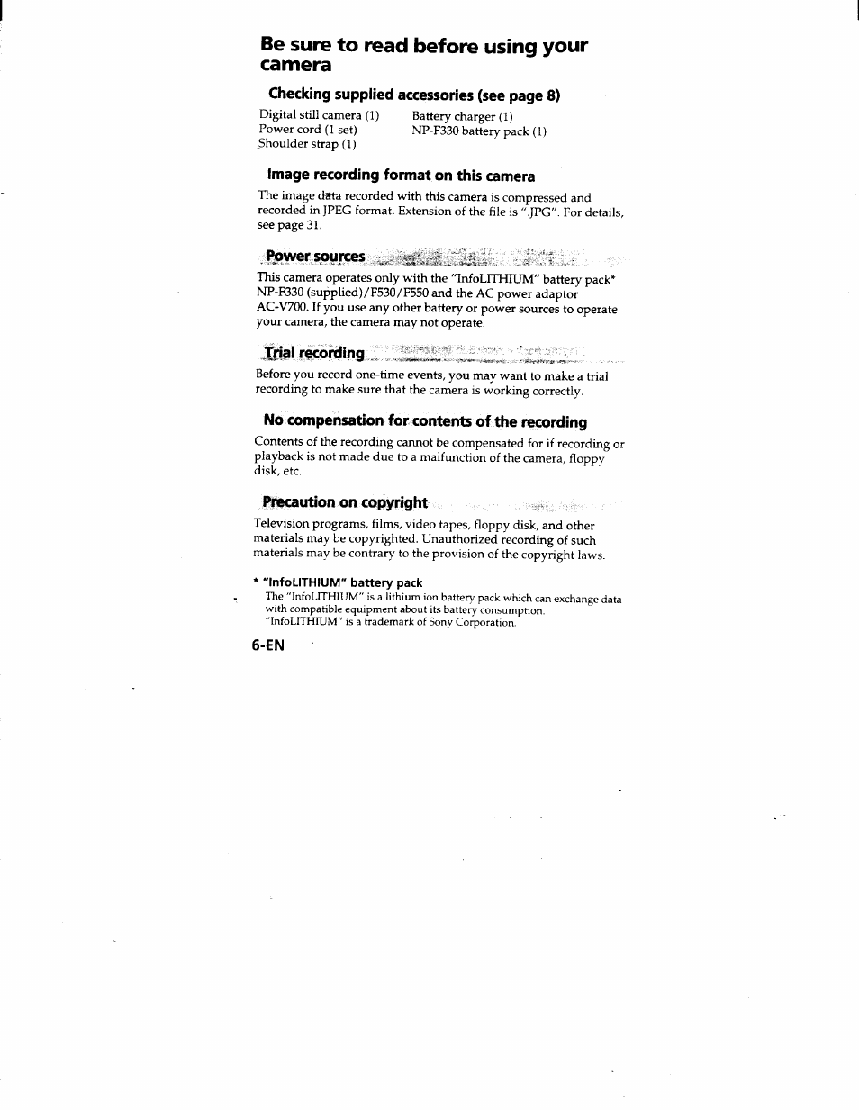 Image recording format on this camera, F^wers0ums . .;i, Ijial recording | No compensation for contents of the recording, Precaution on copyright, Be sure to read before using your camera | Sony MVC-FD51 User Manual | Page 6 / 133