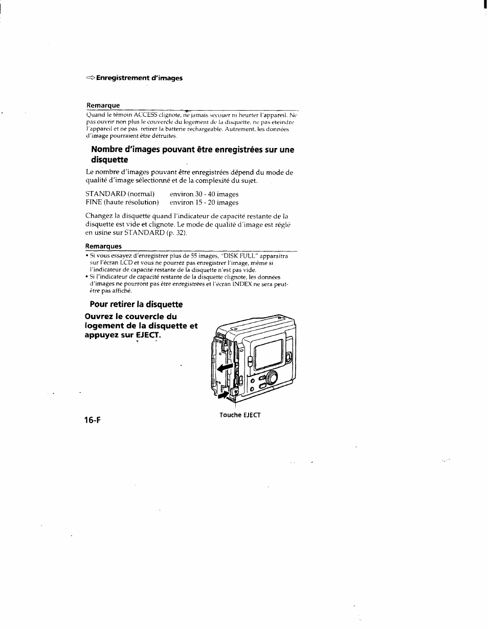 Pour retirer ia disquette | Sony MVC-FD51 User Manual | Page 61 / 133