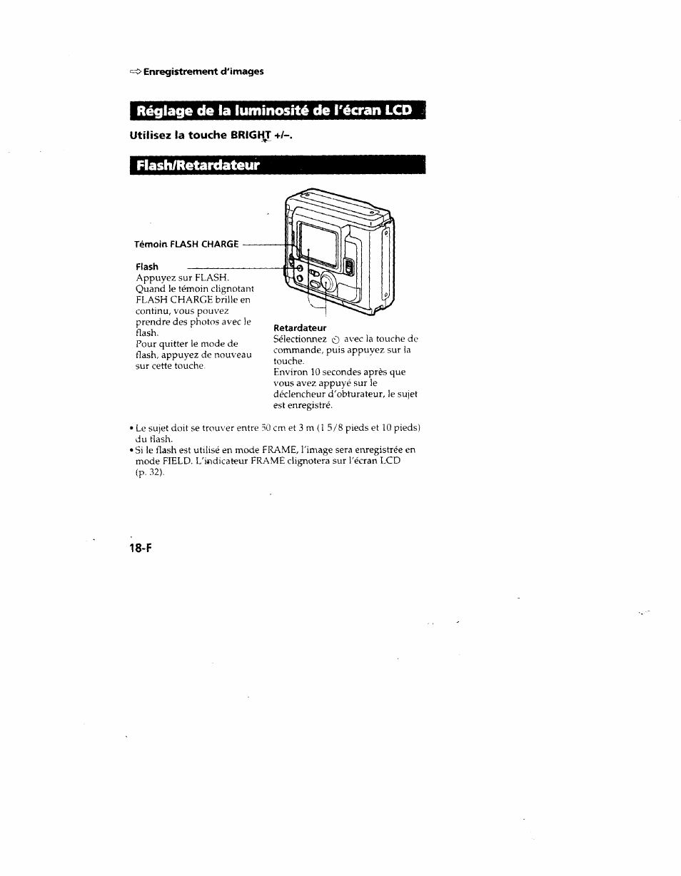 Réglage de la luminosité de técran lcd, Utilisez la touche bright, Flash/retardateur | Sony MVC-FD51 User Manual | Page 63 / 133