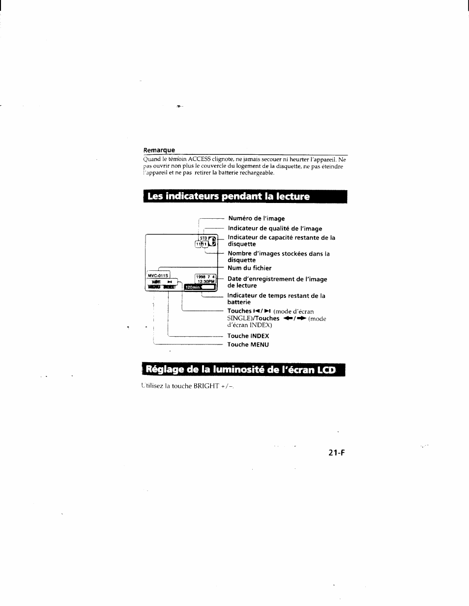 Les indicateui^ pendant la lecture, Réglage de la luminosité de técran lcd | Sony MVC-FD51 User Manual | Page 66 / 133