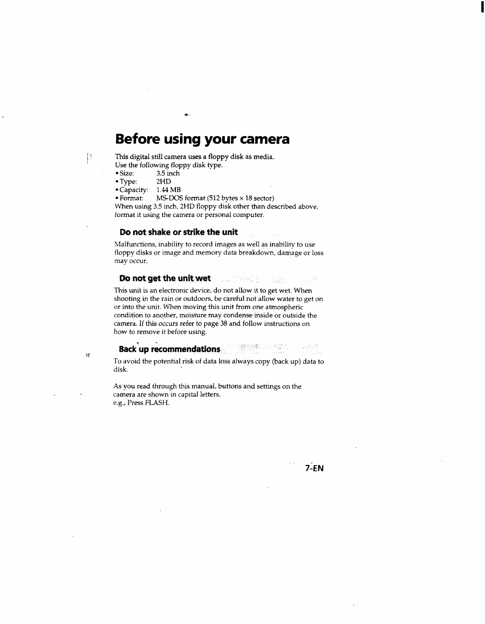 Before using your camera, Do not shake or strike the unit, Do not get the unk wet | Back up recommendations | Sony MVC-FD51 User Manual | Page 7 / 133