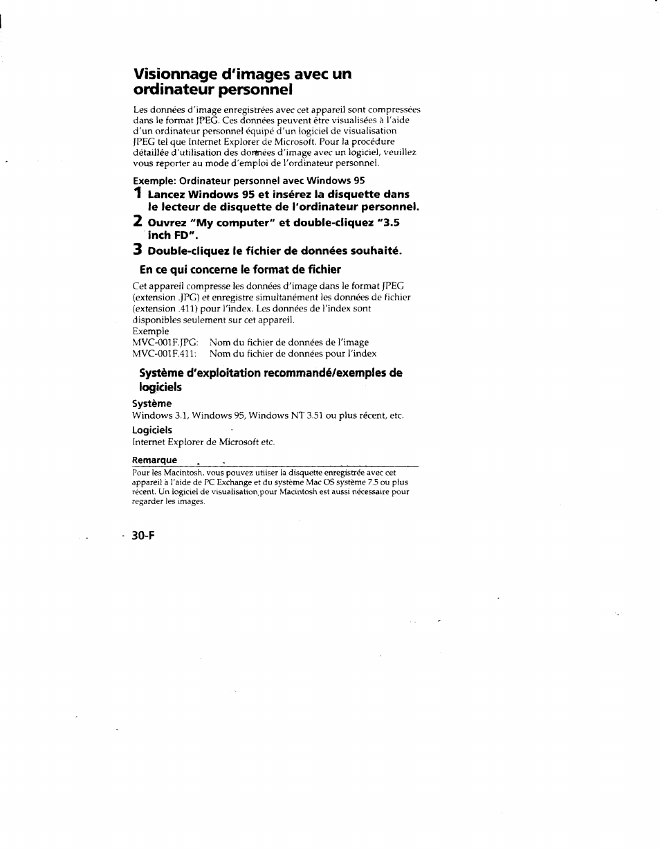 3 double-cliquez le fichier de données souhaité, En ce qui concerne le format de fichier, Visionnage d'images avec un ordinateur personnel | Sony MVC-FD51 User Manual | Page 75 / 133